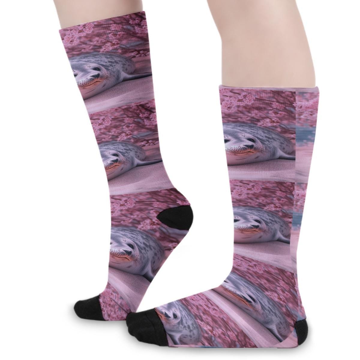 Cherry Blossom Beach Spotted Seal Socks all over print