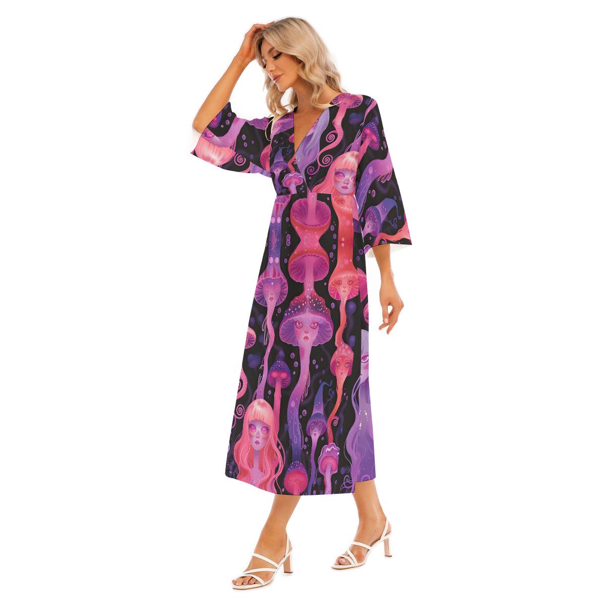 Anime Neon Jellyfish Laava Lamp Yokai Rave Liquid Drip V Neck Maxi Dress