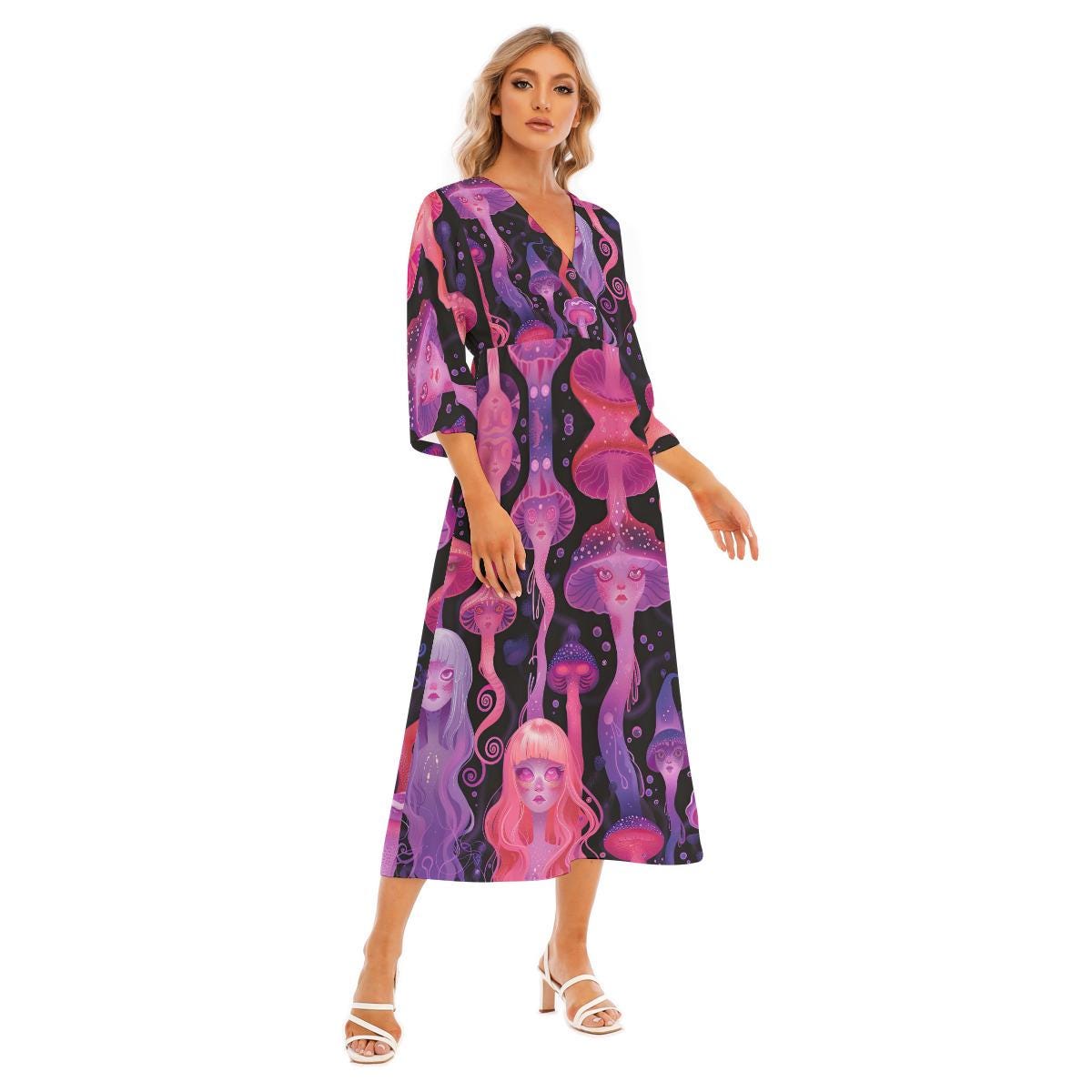 Anime Neon Jellyfish Laava Lamp Yokai Rave Liquid Drip V Neck Maxi Dress
