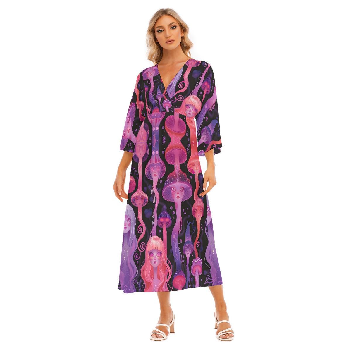 Anime Neon Jellyfish Laava Lamp Yokai Rave Liquid Drip V Neck Maxi Dress