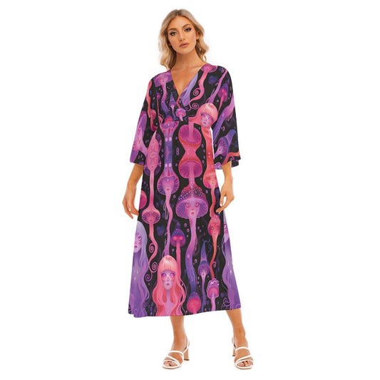 Anime Neon Jellyfish Laava Lamp Yokai Rave Liquid Drip V Neck Maxi Dress