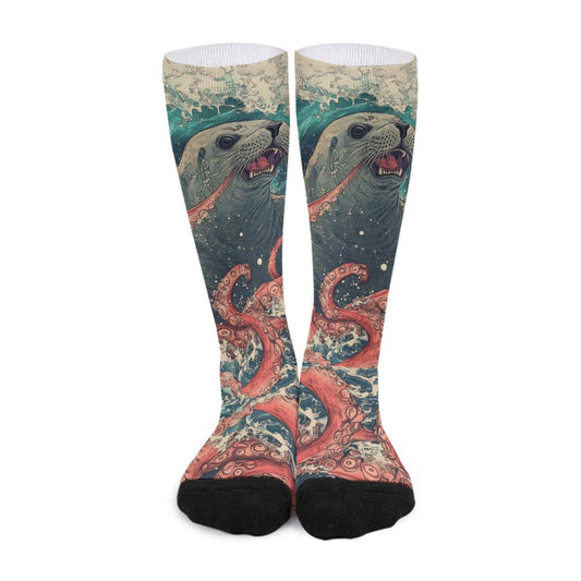 Sea Lion Kraken Japan Edo Octopus Battle Waves All-Over Print Color Matching Crew Socks