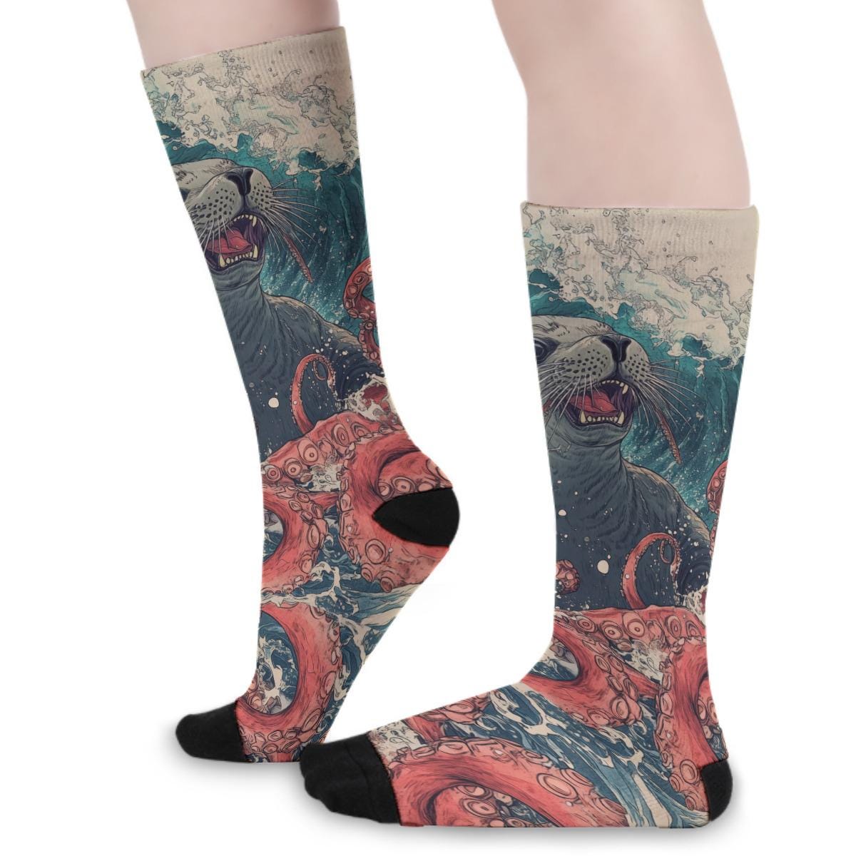 Sea Lion Kraken Japan Edo Octopus Battle Waves All-Over Print Color Matching Crew Socks