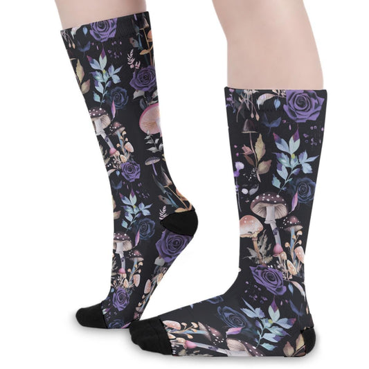 Mushroom Spotted Foliage Goth Black Roses Cottagecore Drip All-Over Print Color Matching Crew Socks