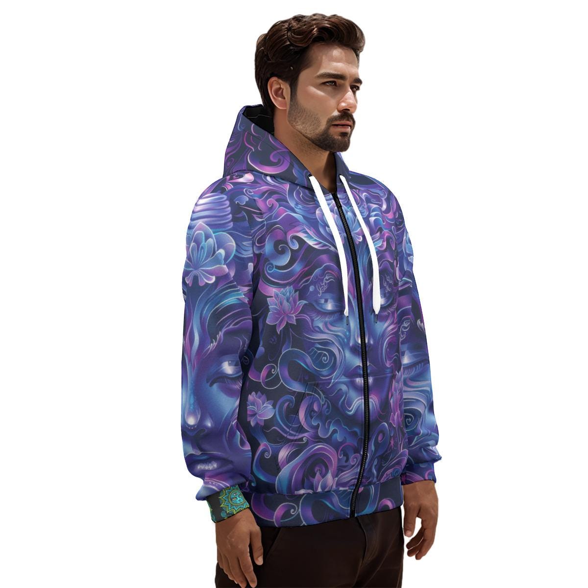 Purple Ultramarine Deep Blue Woodland Face Shaman Wiccan Swirl Goddess Cotton All over Print Zip Hoodie