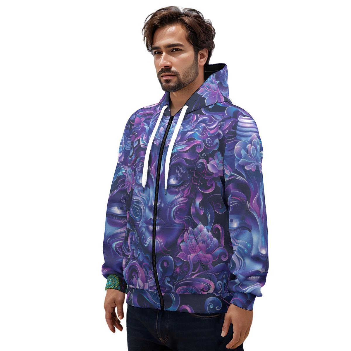 Purple Ultramarine Deep Blue Woodland Face Shaman Wiccan Swirl Goddess Cotton All over Print Zip Hoodie