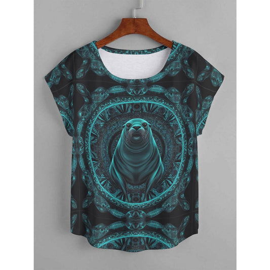 Green Heart Chakra Seal Psy Aztec Psy Festival All-Over Print Women's Curved Hem T-shirt (Plus Size)