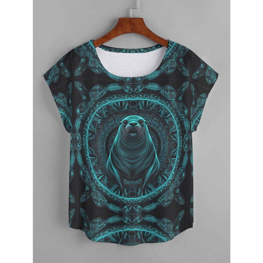 Green Heart Chakra Seal Psy Aztec Psy Festival All-Over Print Women's Curved Hem T-shirt (Plus Size)