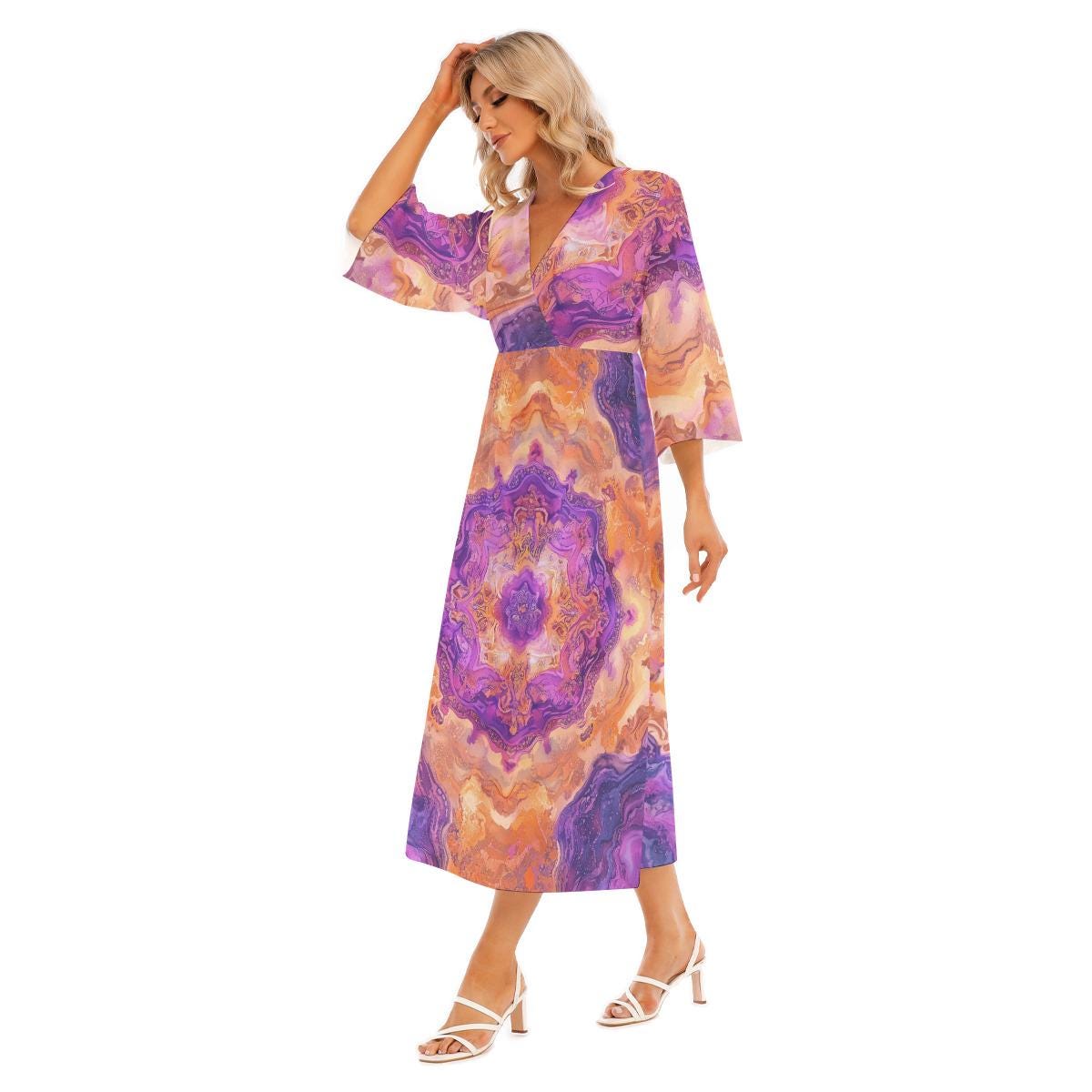 Lilac Crystal Geode Marble Chakra Psy Festival V Neck All-Over Print Women's Mid-Sleeve Long Dress