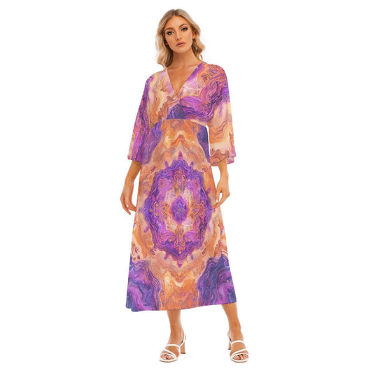 Lilac Crystal Geode Marble Chakra Psy Festival V Neck All-Over Print Women's Mid-Sleeve Long Dress