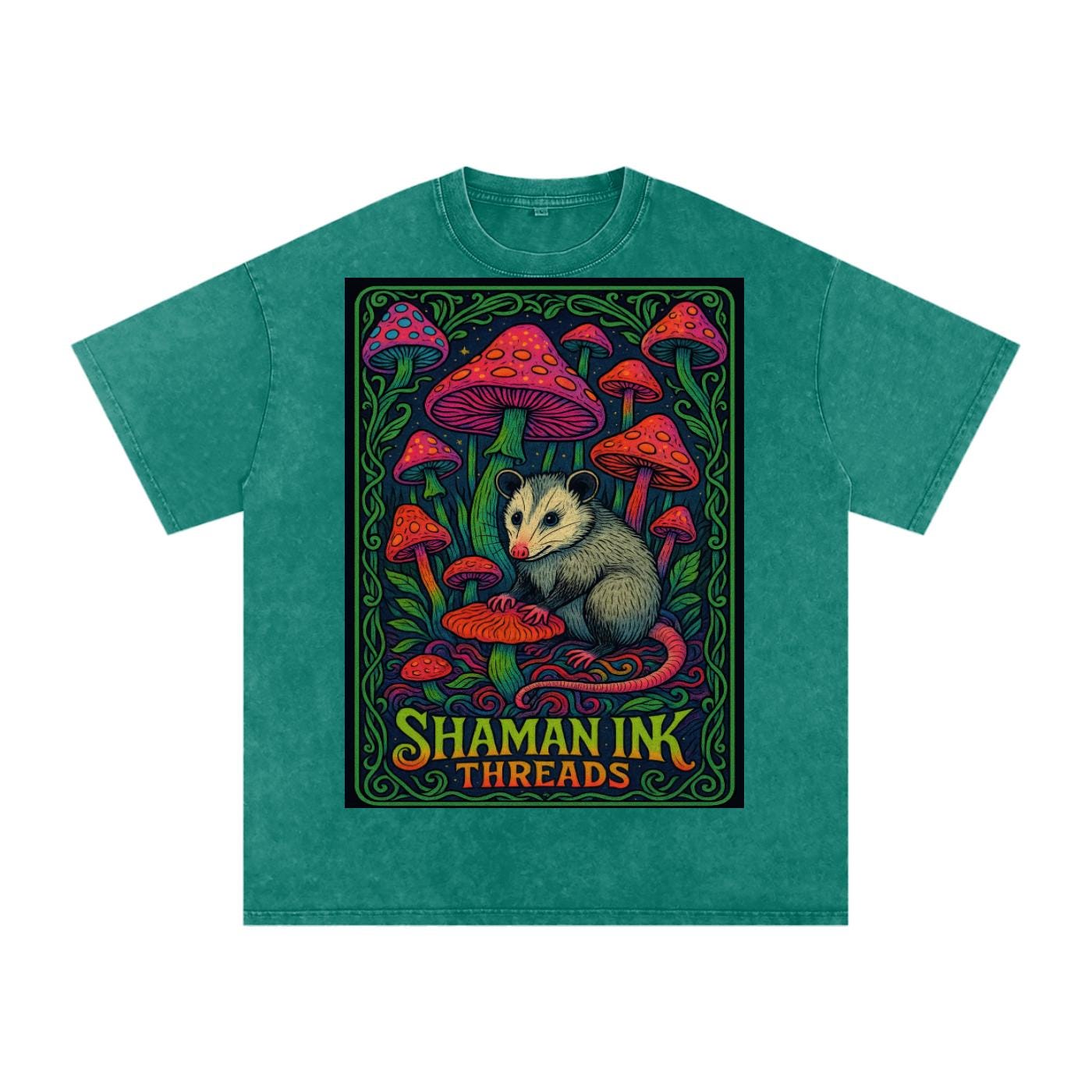 Dark Opossum Night Mushroom Field Vine Border Psychedelic Shaman Ink Poster Acid Wash Oversize T-Shirt