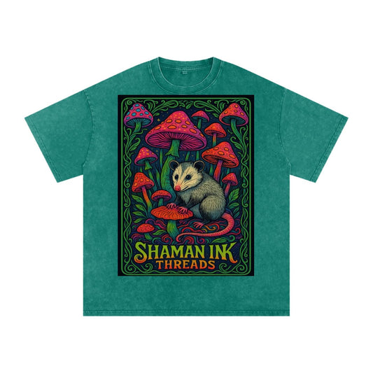 Dark Opossum Night Mushroom Field Vine Border Psychedelic Shaman Ink Poster Acid Wash Oversize T-Shirt