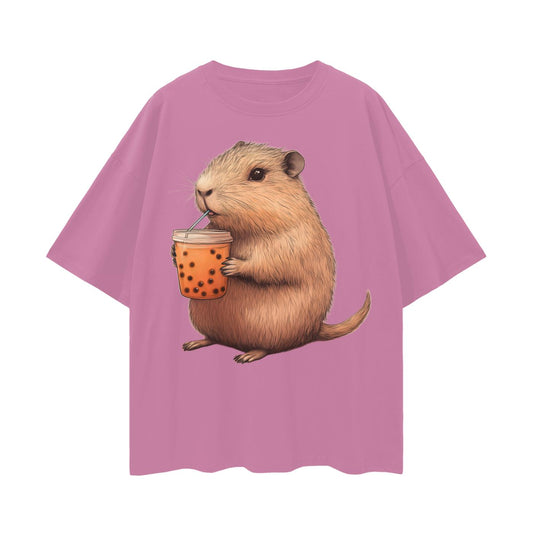 Capybara Thai Boba Tea Pastel core Kawaii Oversize Deep Drop Shoulder Tee