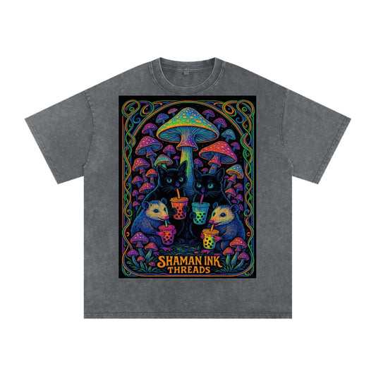 Bat Cat Opossum Psychedelic Mushroom Boba Tea Glow Cottagecore Wood Acid Wash Oversize T-Shirt