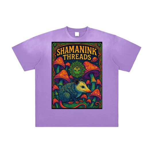 Opossum Mushroom Sky Psychedelic Shaman Ink Art Nouveau Bordered Vintage Washed Frayed T-Shirt