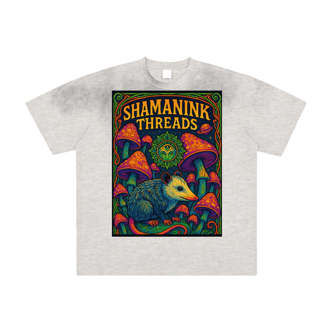 Opossum Mushroom Sky Psychedelic Shaman Ink Art Nouveau Bordered Vintage Washed Frayed T-Shirt