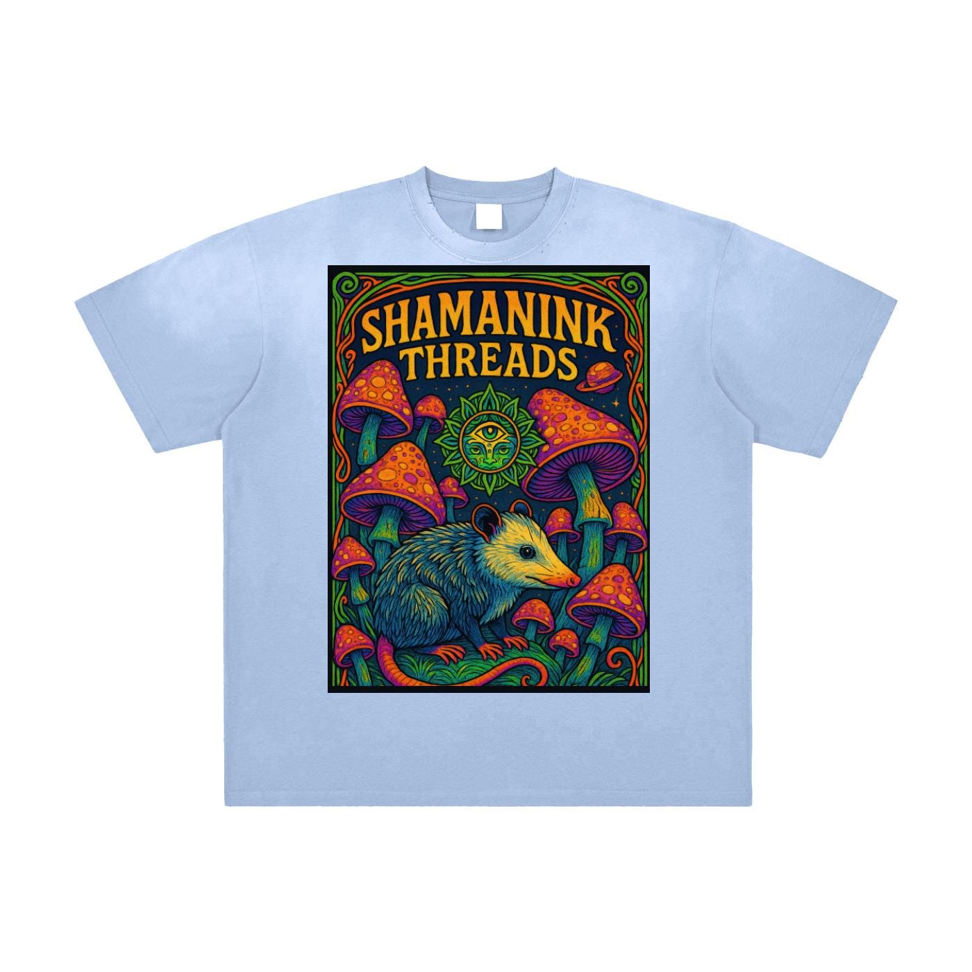 Opossum Mushroom Sky Psychedelic Shaman Ink Art Nouveau Bordered Vintage Washed Frayed T-Shirt