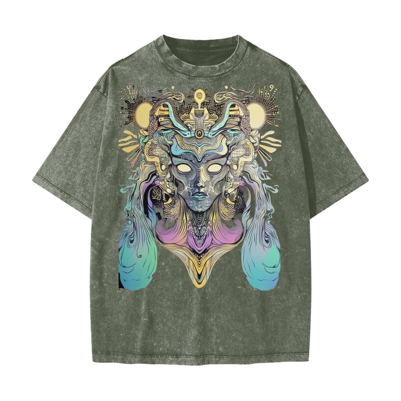 Sun Atlantean Psychedelic Tribal Shaman Entity Psy Festival Streetwear American Vintage Waxed Dyed Washed  Heavyweight 100% Cotton T-Shirt