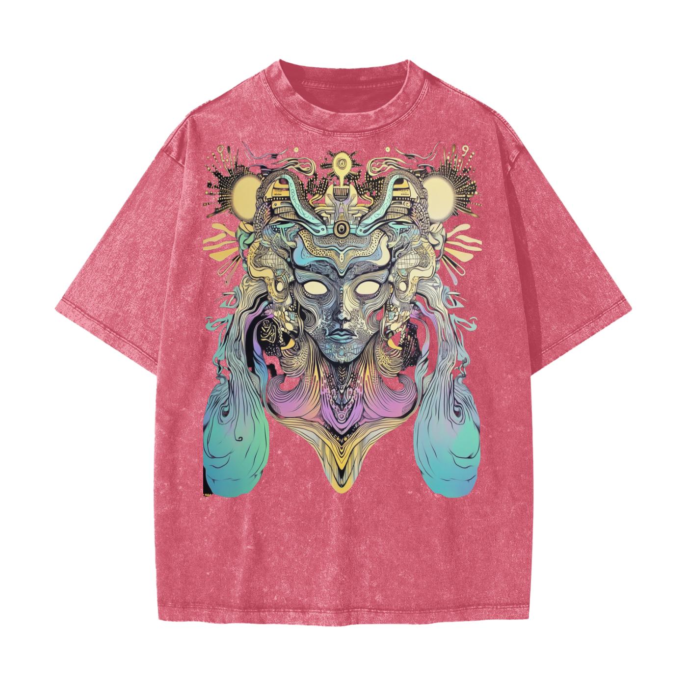 Sun Atlantean Psychedelic Tribal Shaman Entity Psy Festival Streetwear American Vintage Waxed Dyed Washed  Heavyweight 100% Cotton T-Shirt