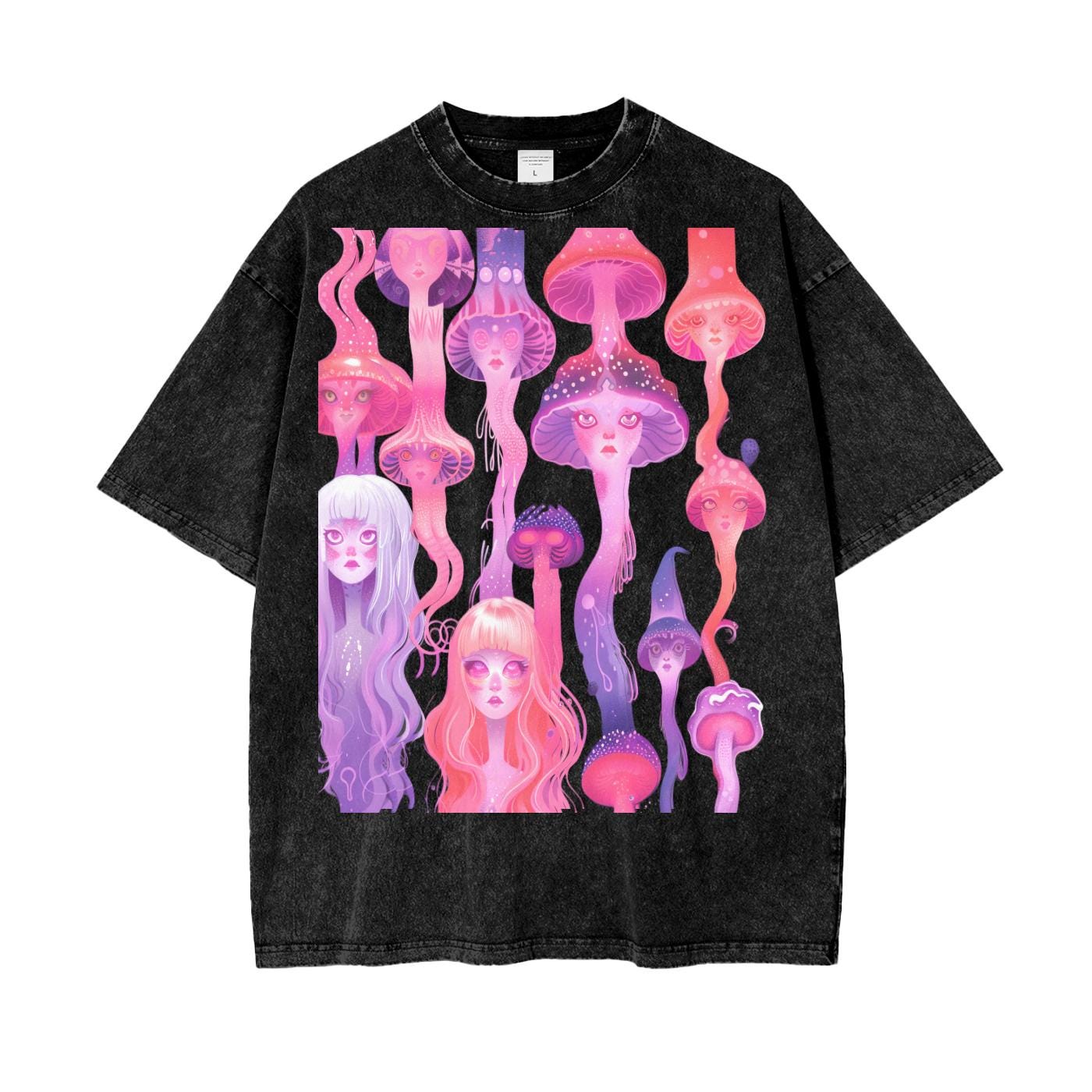 Anime Neon Jellyfish Laava Lamp Yokai Rave Liquid Drip Oversize Snow Washed T-Shirt