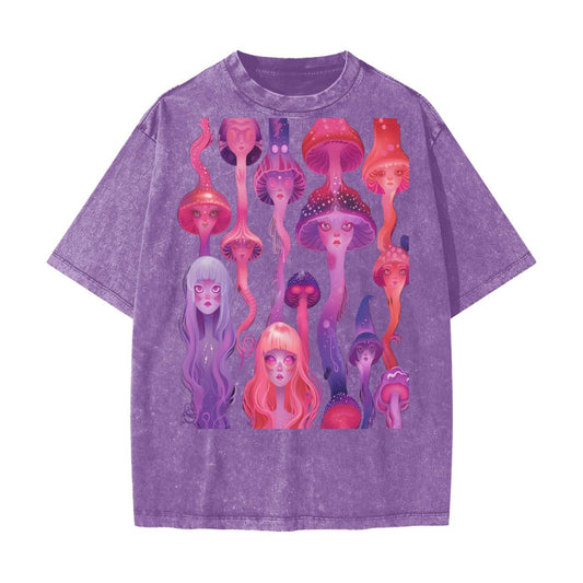 Anime Neon Jellyfish Laava Lamp Yokai Woman Rave Liquid Drip Streetwear American Vintage Waxed Dyed Washed  Heavyweight 100% Cotton T-Shirt