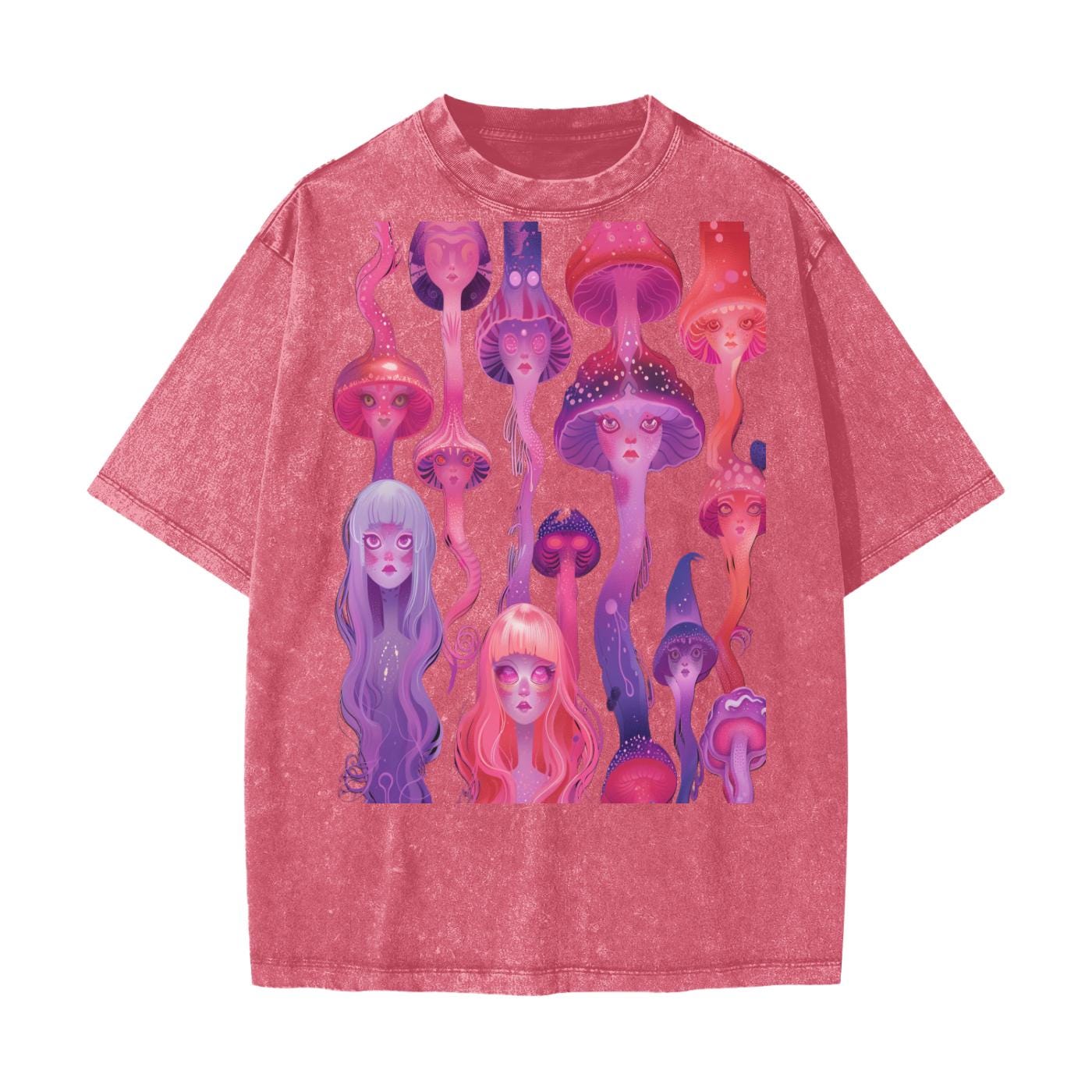 Anime Neon Jellyfish Laava Lamp Yokai Woman Rave Liquid Drip Streetwear American Vintage Waxed Dyed Washed  Heavyweight 100% Cotton T-Shirt