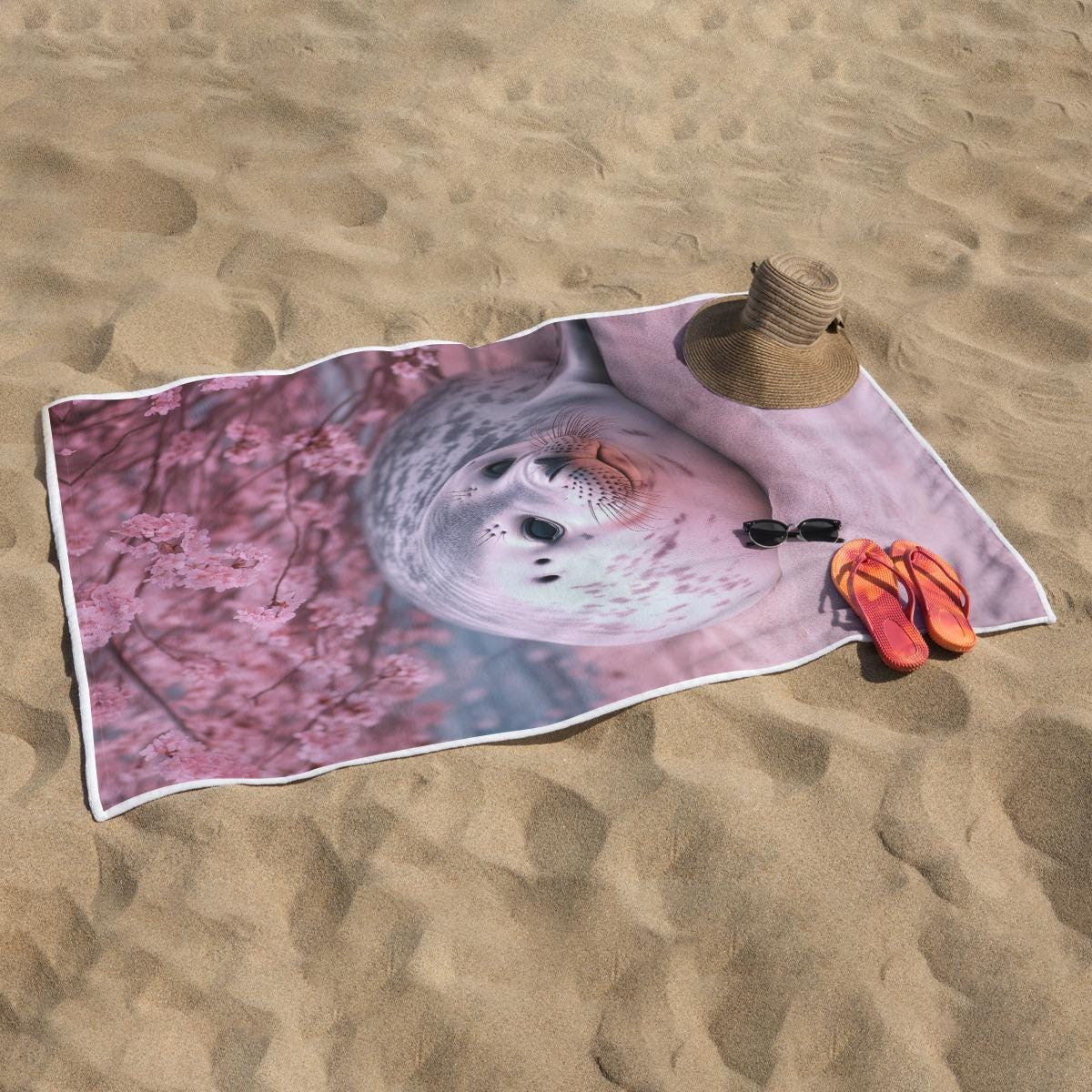 Spotted Beach Seal Under Cherry Blossom Tree Rectangular Beach Towel