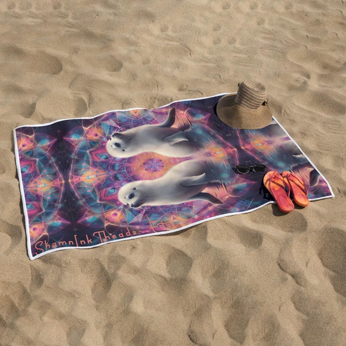 Dancing Harp Seals Fractal Purple Chakra Psy Geometry Burst Rave Festival Rectangular Beach Towel