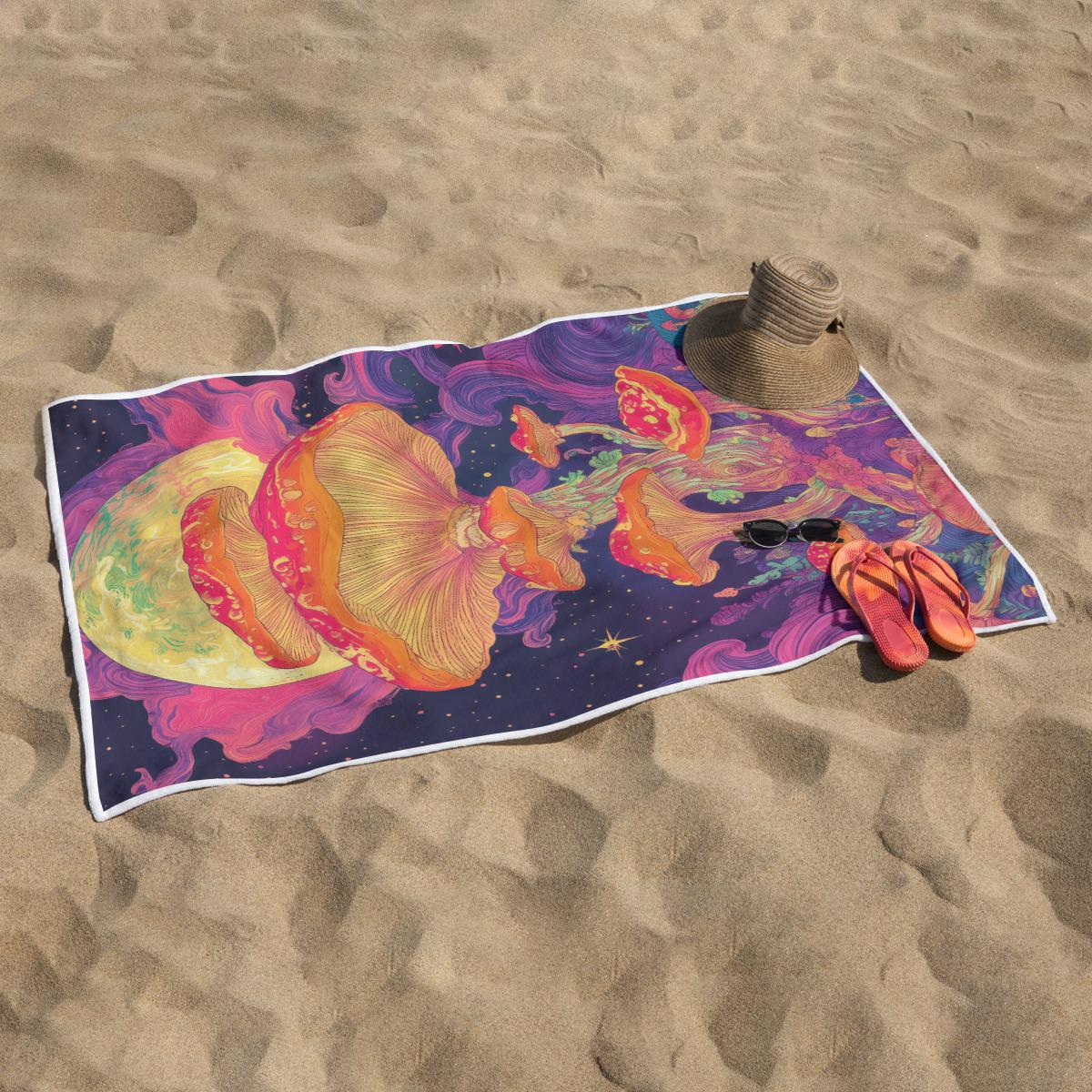 Galactic Purple Mushroom Full Moon Neon Rave Festival Rectangular Beach Towel