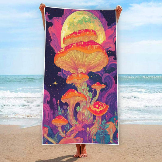 Galactic Purple Mushroom Full Moon Neon Rave Festival Rectangular Beach Towel