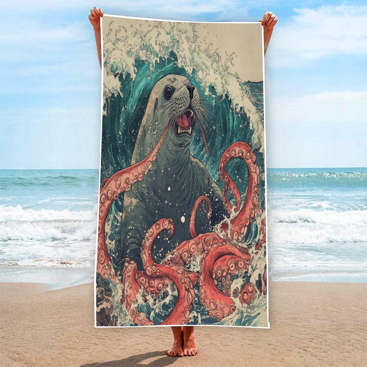 Seal Kraken Ocean Wave Yokai Edo Japan Anime Battle Rectangular Beach Towel
