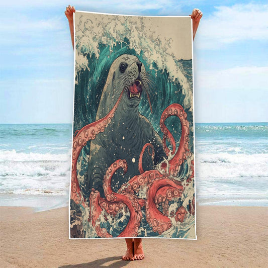 Seal Kraken Ocean Wave Yokai Edo Japan Anime Battle Rectangular Beach Towel