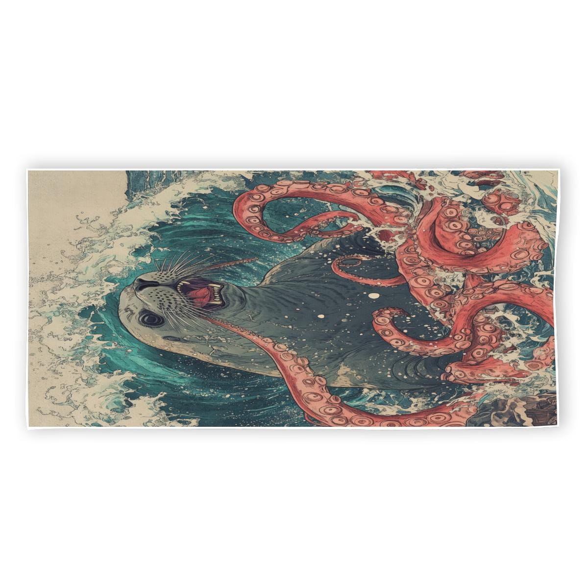 Seal Kraken Ocean Wave Yokai Edo Japan Anime Battle Rectangular Beach Towel
