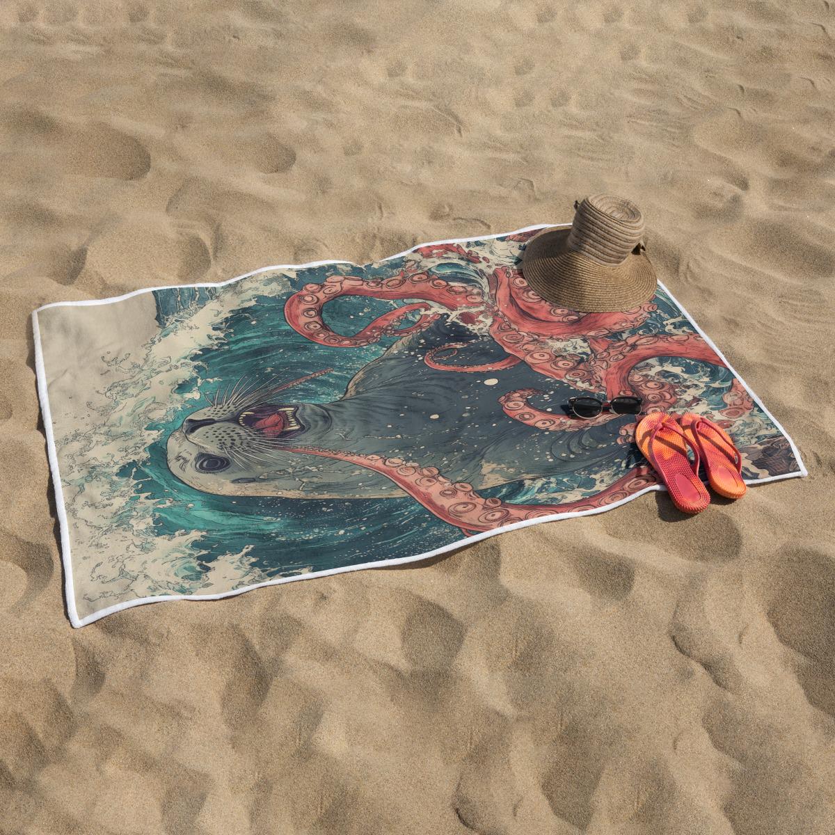 Seal Kraken Ocean Wave Yokai Edo Japan Anime Battle Rectangular Beach Towel