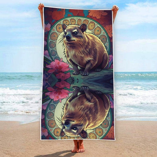 Hyrax Awawa Floral Art Nouveau Hibiscus Colorful Reflective Festival Rave Rectangular Beach Towel