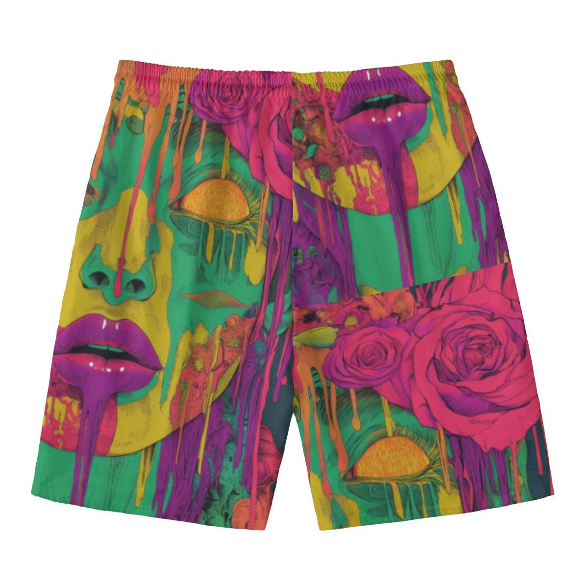 Neon Rave Paint Lime Floral Drip Psy EDM Festival Wear All-Over Print Men‘s Beach Shorts With Lining