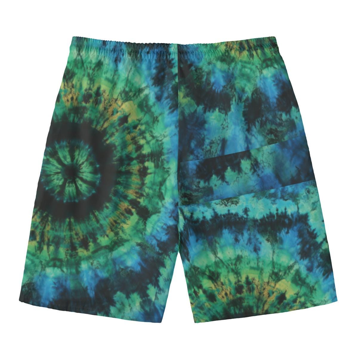 Green Blue Teal Tie Dye Burst Boho Beach Ocean Swim Trunks All-Over Print Men‘s Beach Shorts With Lining