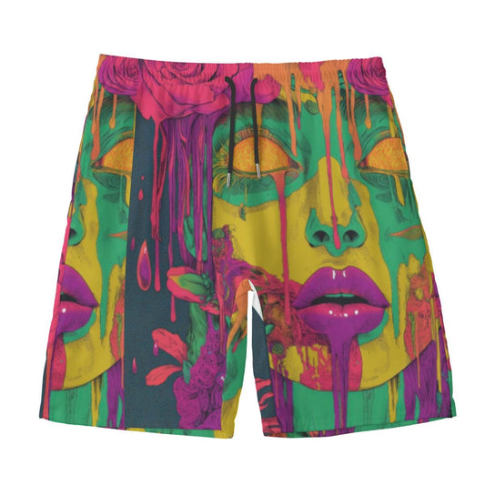 Neon Rave Paint Lime Floral Drip Psy EDM Festival Wear All-Over Print Men‘s Beach Shorts With Lining
