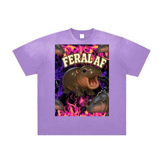 Feral AF Moo Deng Purple Pink Flames Storm Graphic Tee Kawaii Chibi Vintage Washed Frayed T-Shirt