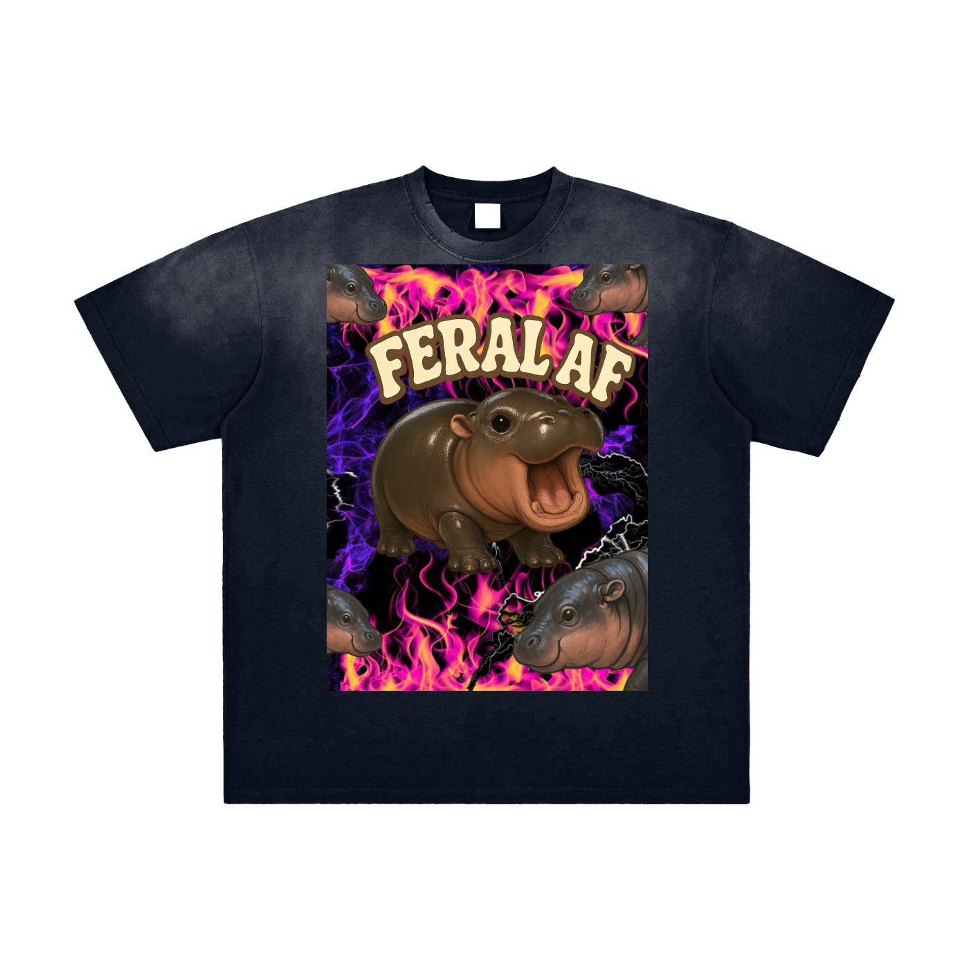 Feral AF Moo Deng Purple Pink Flames Storm Graphic Tee Kawaii Chibi Vintage Washed Frayed T-Shirt