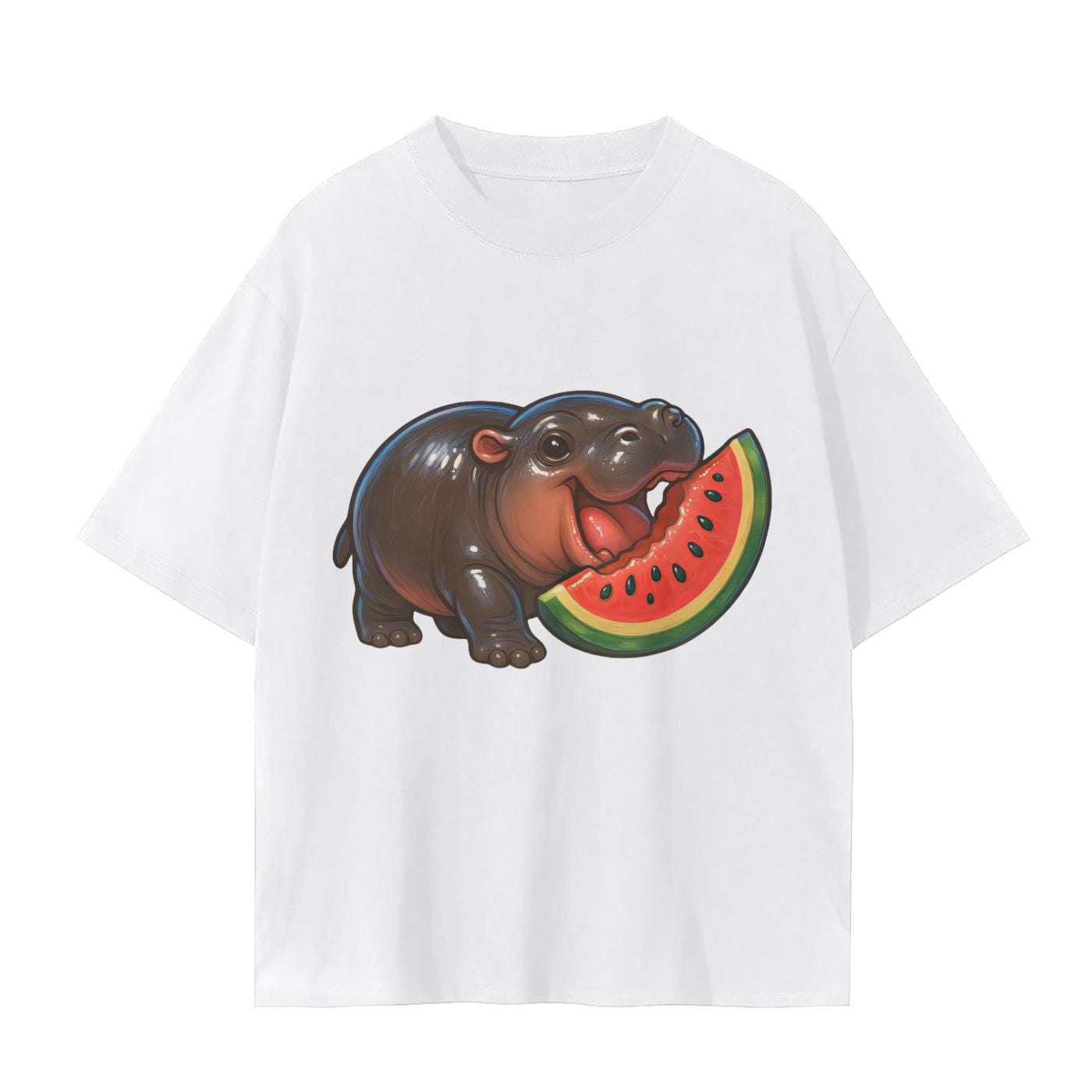 MooDeng Eating Melon Fruit Summer cute Chibi Baby Hippo Graphic Unisex Seamless T-Shirt