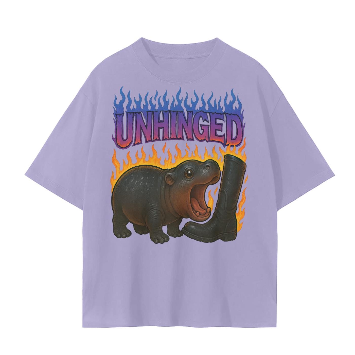 Moo Deng Baby Hippo Tee  Purple Flames Biting Boot Unisex Graphic Shirt