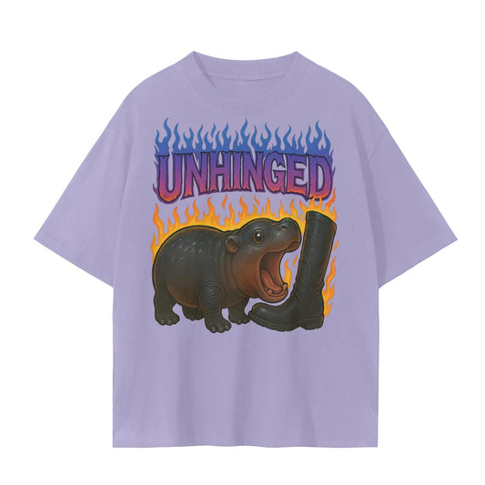 Moo Deng Baby Hippo Tee  Purple Flames Biting Boot Unisex Graphic Shirt