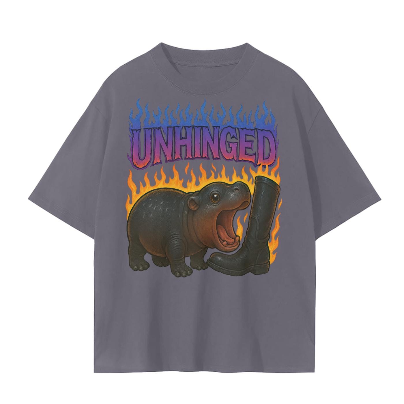 Moo Deng Baby Hippo Tee  Purple Flames Biting Boot Unisex Graphic Shirt