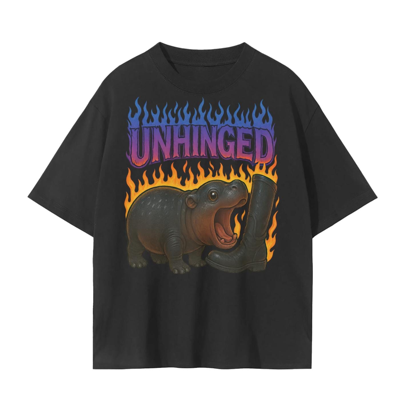 Moo Deng Baby Hippo Tee  Purple Flames Biting Boot Unisex Graphic Shirt