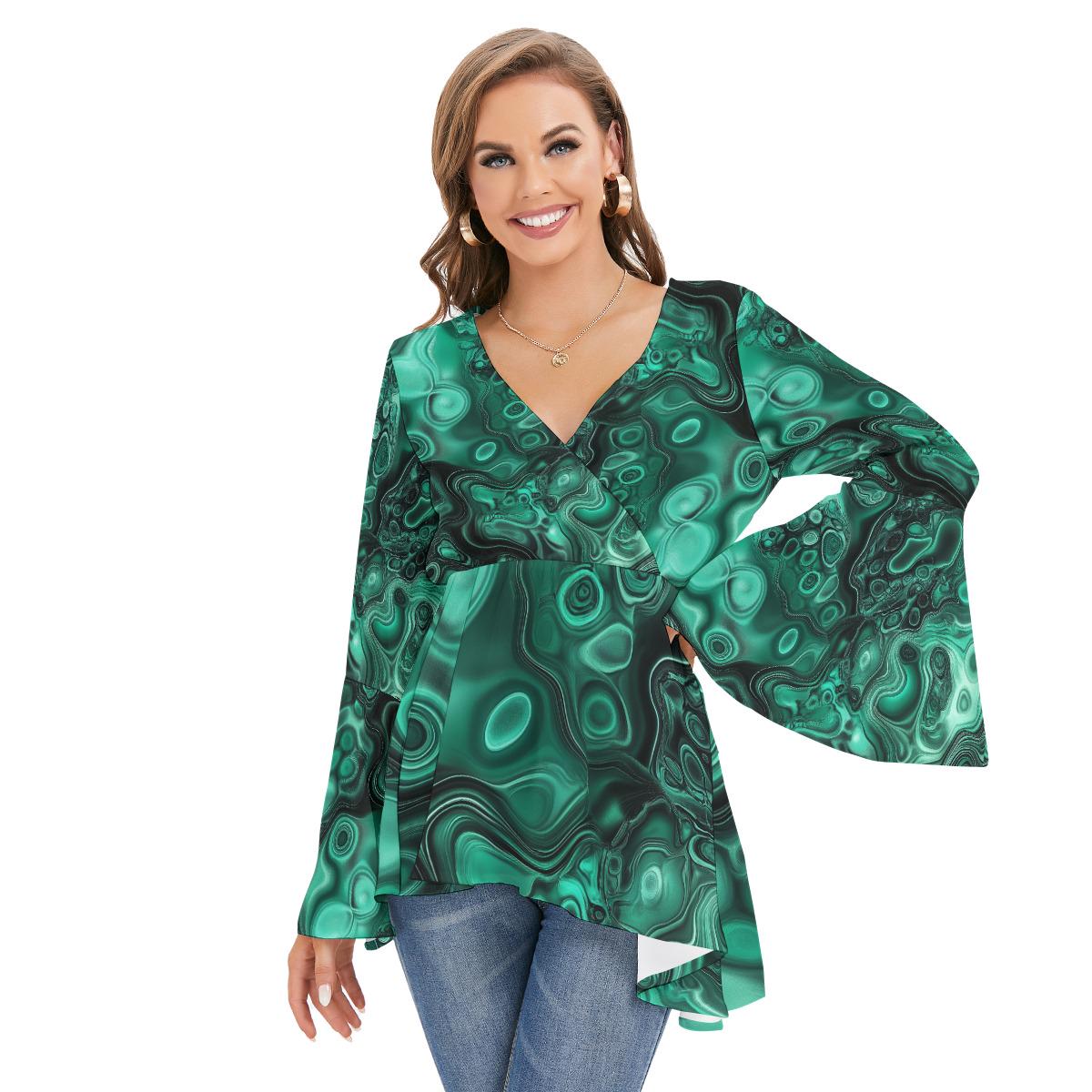 Emerald Green Malachite Geode Crystal V Neck Renassiance Bell Sleeve Boho Top