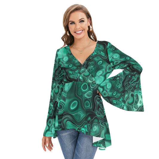 Emerald Green Malachite Geode Crystal V Neck Renassiance Bell Sleeve Boho Top