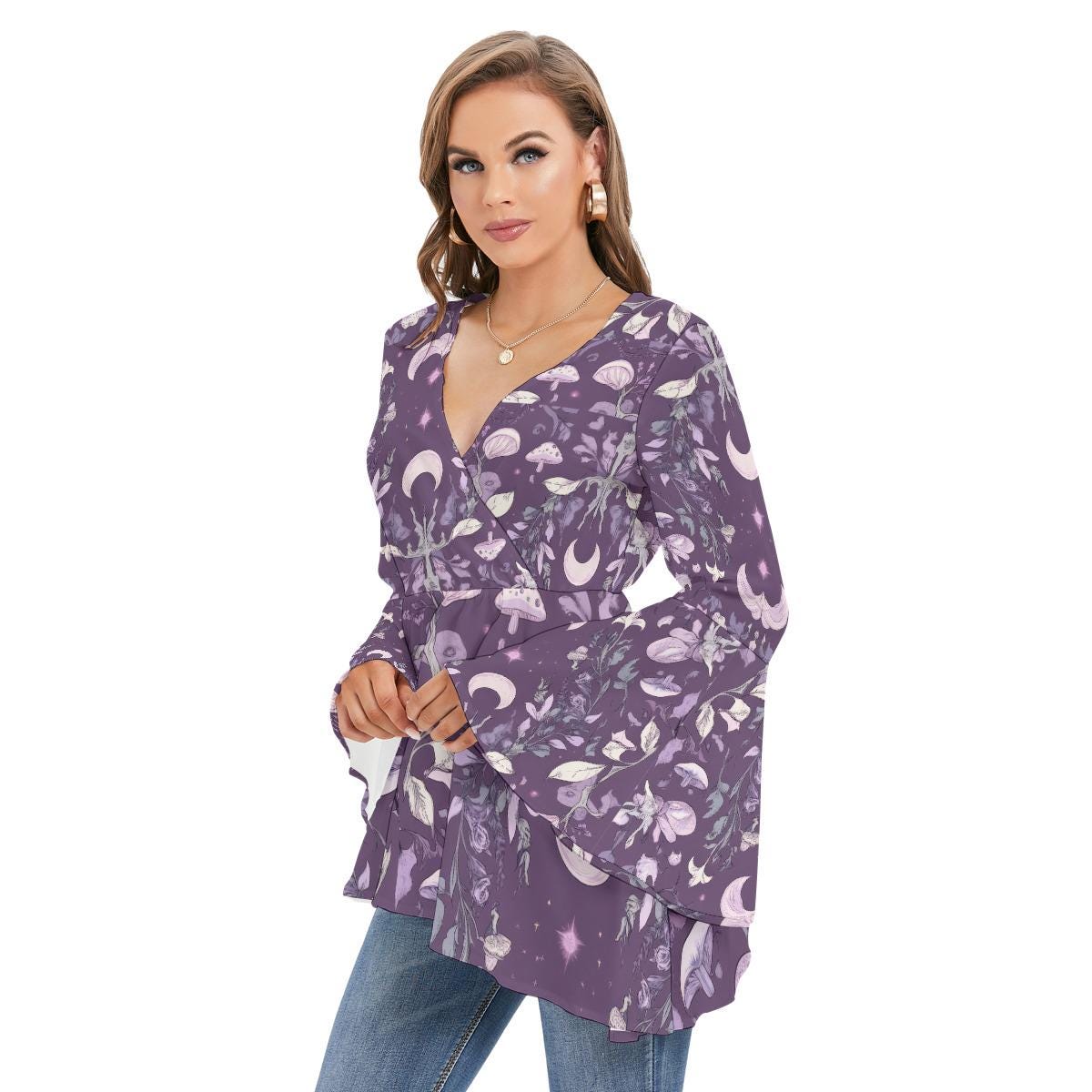 Purple Cottage Crescent Moon Renassiance Mushroom  V Neck Flare Bell Sleeve top