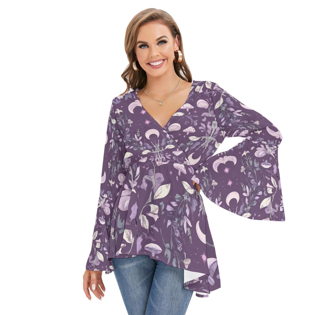 Purple Cottage Crescent Moon Renassiance Mushroom  V Neck Flare Bell Sleeve top
