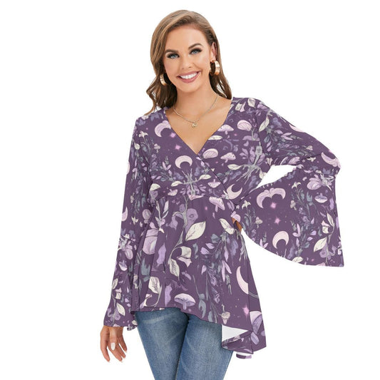 Purple Cottage Crescent Moon Renassiance Mushroom  V Neck Flare Bell Sleeve top